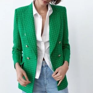 NWT ZARA Green Tweed Textured Double Breasted Blazer XS